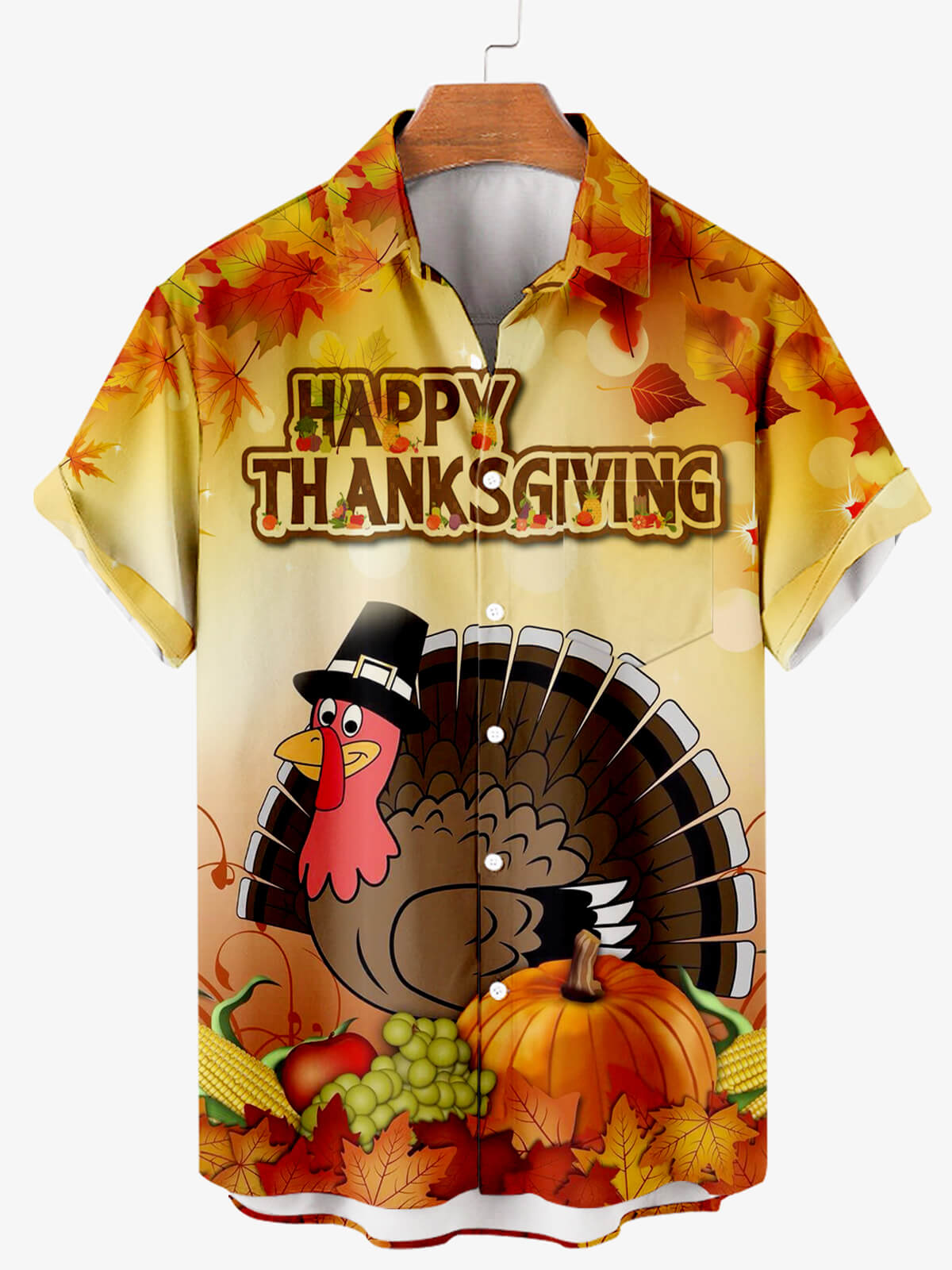 Men's Thanksgiving Creative Design Contrast Color Cartoon Turkey Pattern Short Sleeve Shirt