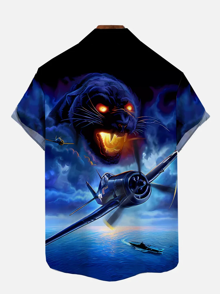 Men's Space Fighter and Roaring Panther Print Short Sleeve Shirt