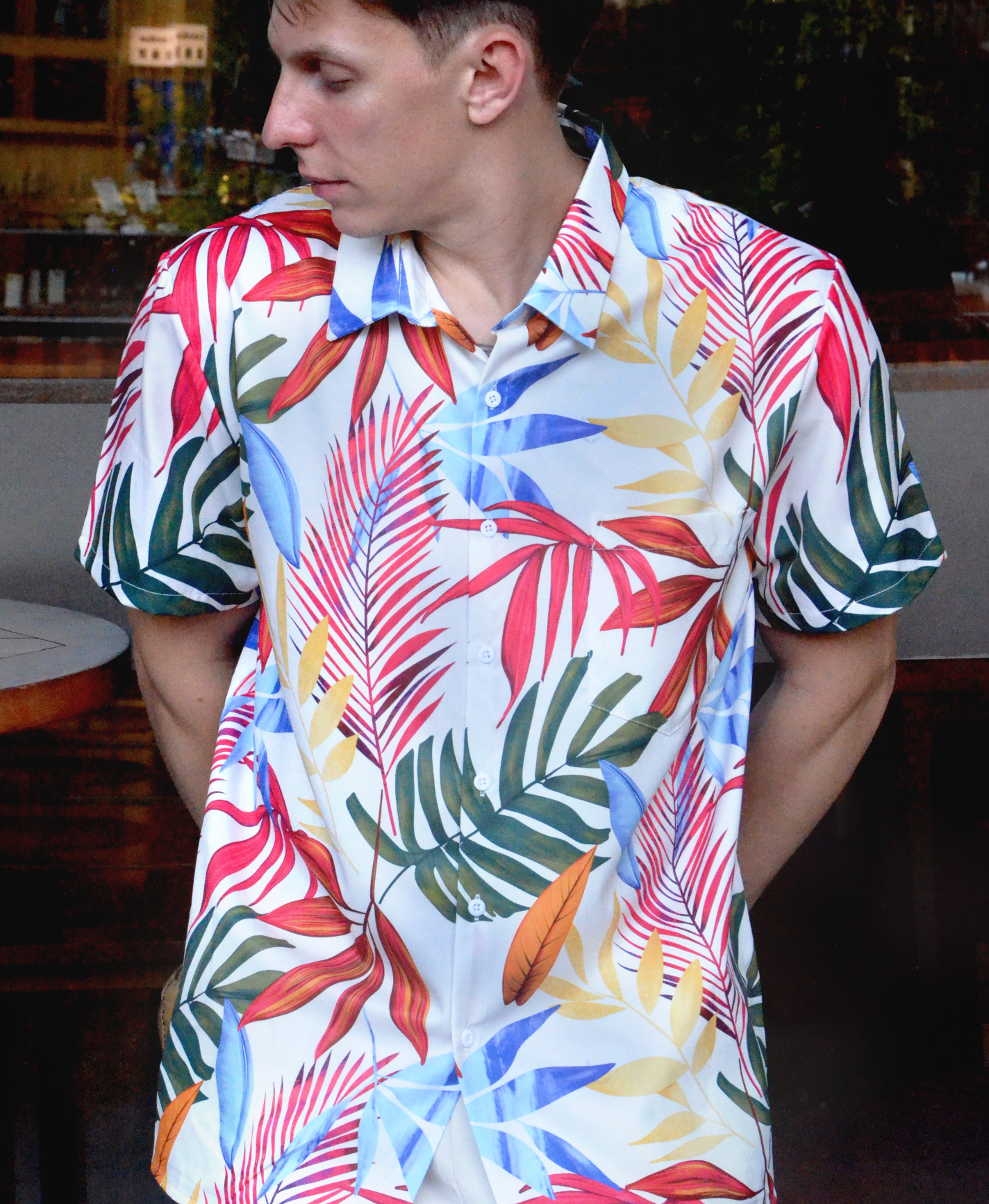 Men's Tropical Print Hawaiian Shirt, Short Sleeve Button Down, White with Colorful Palm Leaves