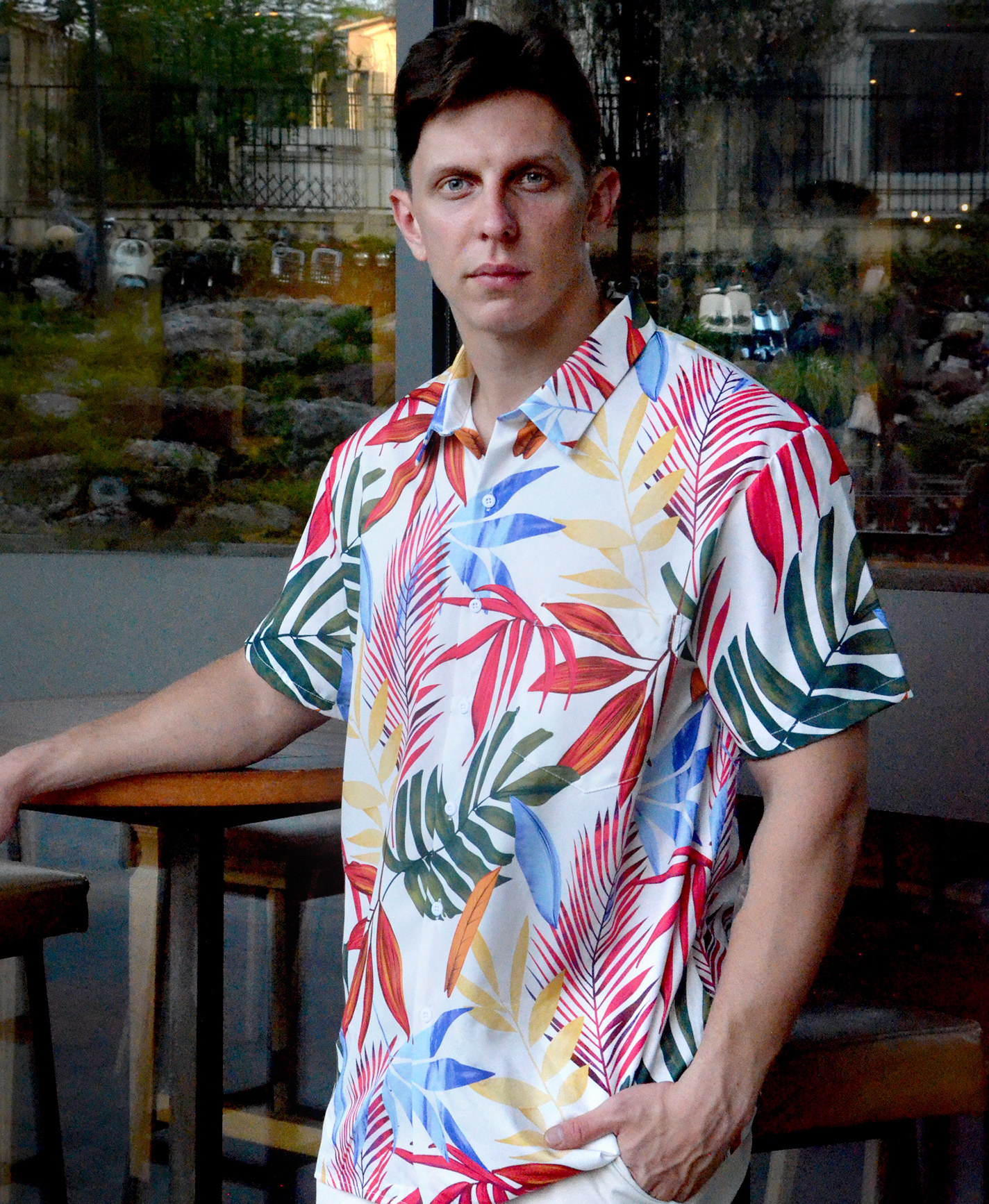 Men's Tropical Print Hawaiian Shirt, Short Sleeve Button Down, White with Colorful Palm Leaves