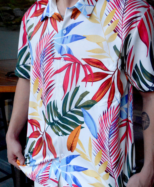 Men's Tropical Print Hawaiian Shirt, Short Sleeve Button Down, White with Colorful Palm Leaves