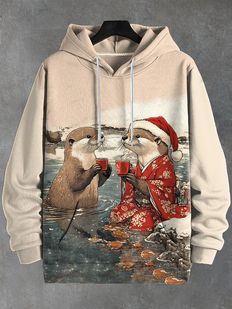 Men's Otters Drink Tea Japanese Art Print Casual Hoodie