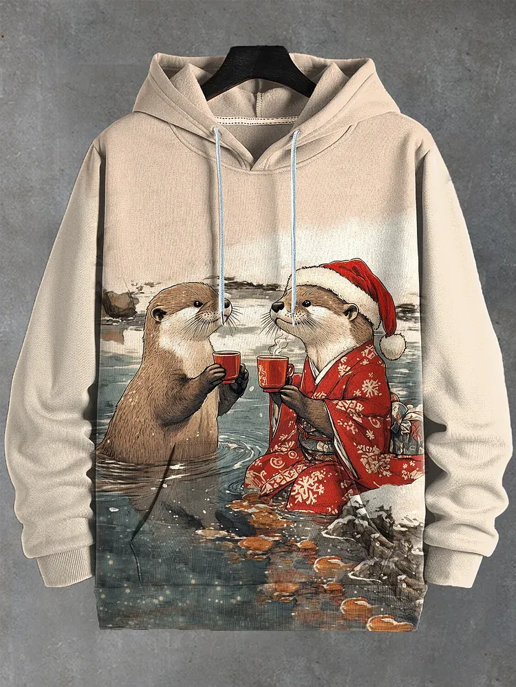 Men's Otters Drink Tea Japanese Art Print Casual Hoodie