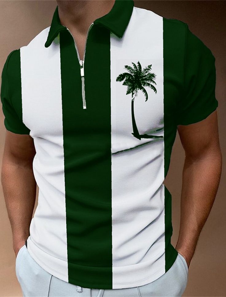 Men's Casual Art Graphic Short Sleeve Zip Polo Shirt