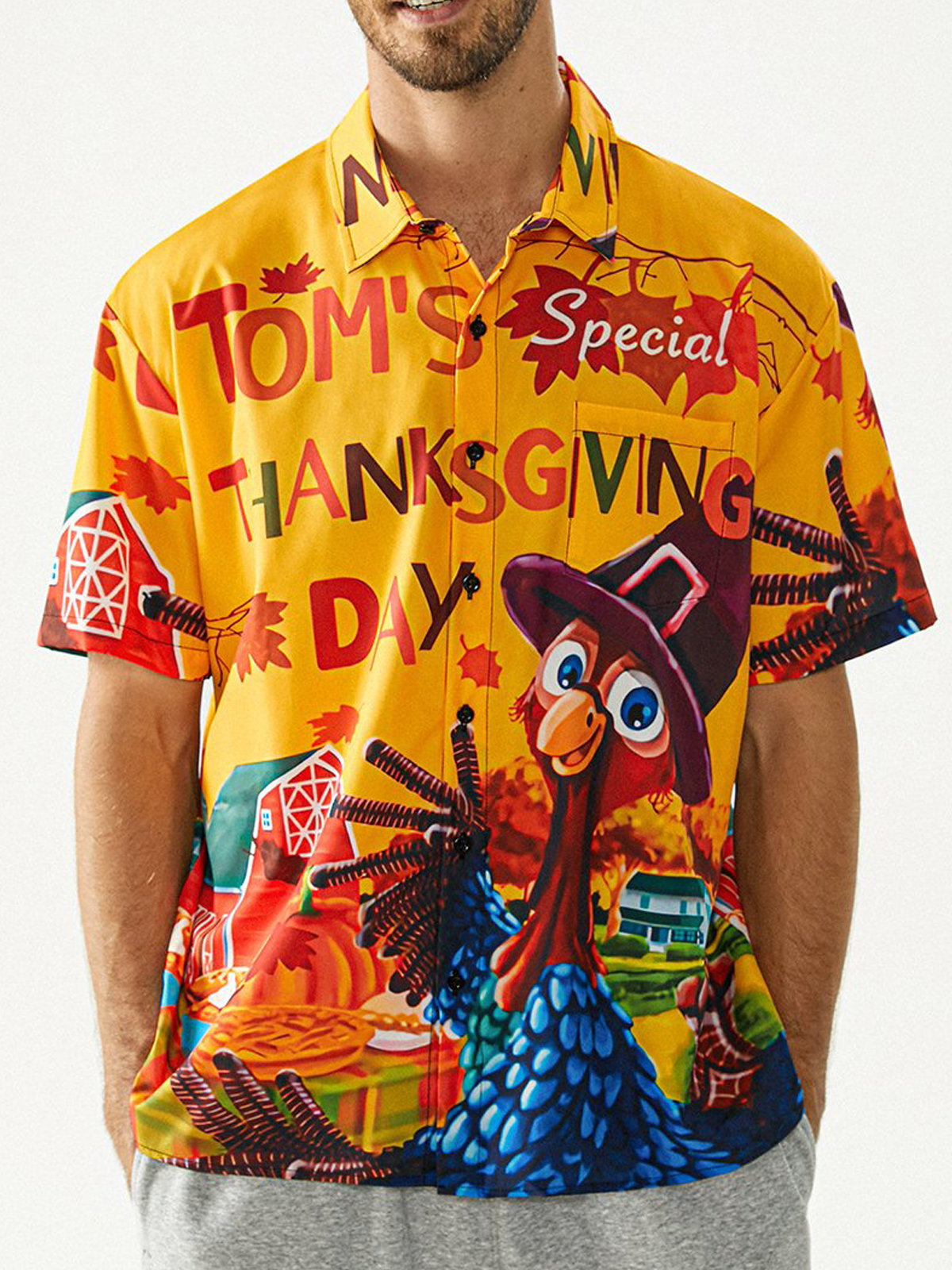 Men's Thanks Giving Day Turkey Print Lapel Short Sleeve Shirt