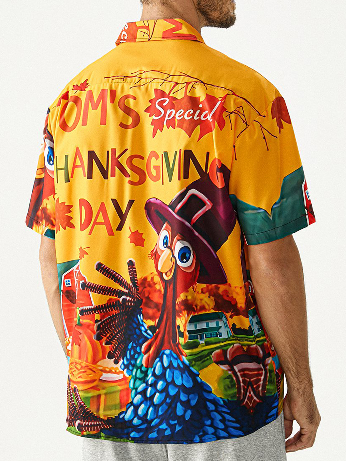 Men's Thanks Giving Day Turkey Print Lapel Short Sleeve Shirt