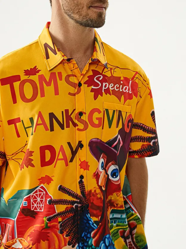 Men's Thanks Giving Day Turkey Print Lapel Short Sleeve Shirt