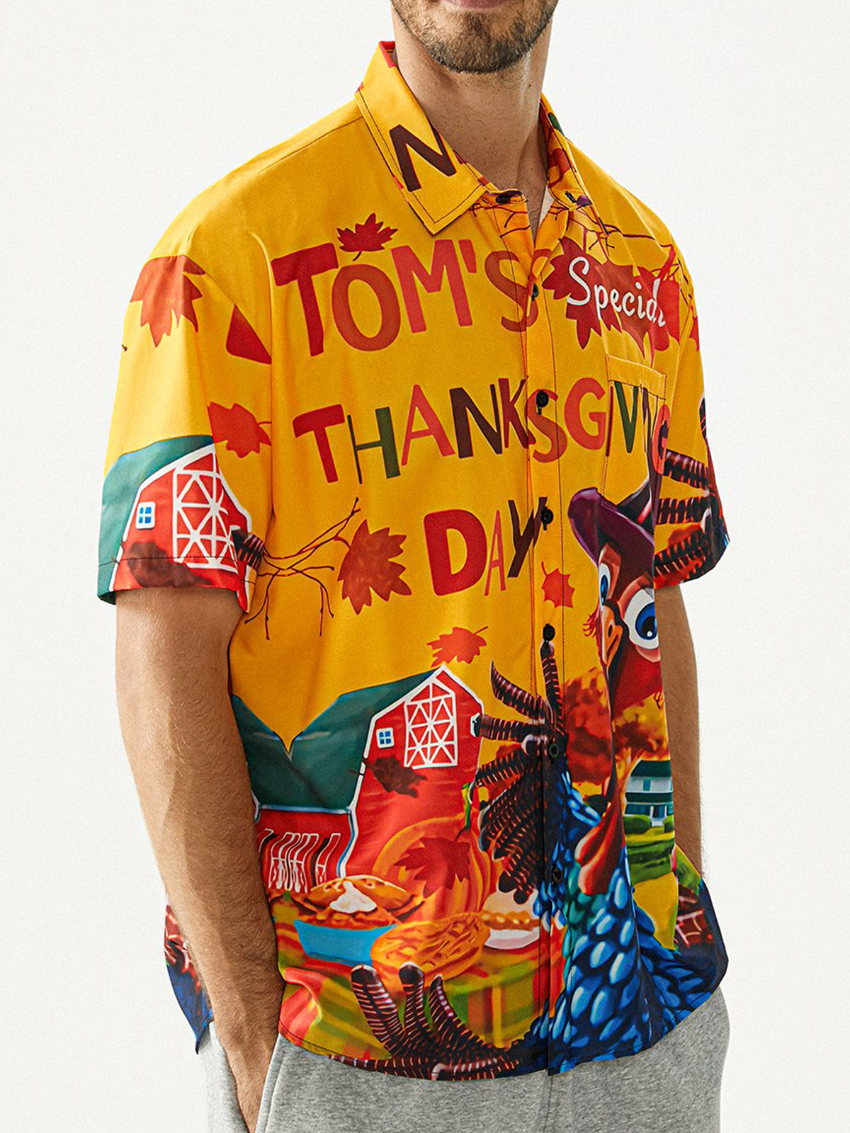 Men's Thanks Giving Day Turkey Print Lapel Short Sleeve Shirt