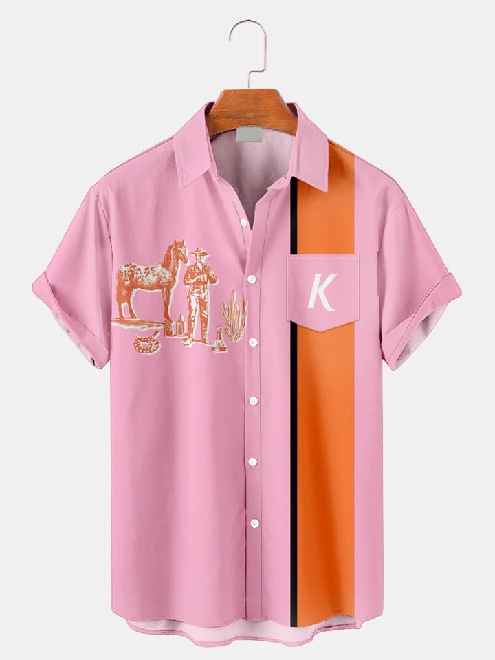 Men's Western Cowboy Style Graphic Short Sleeve Shirt