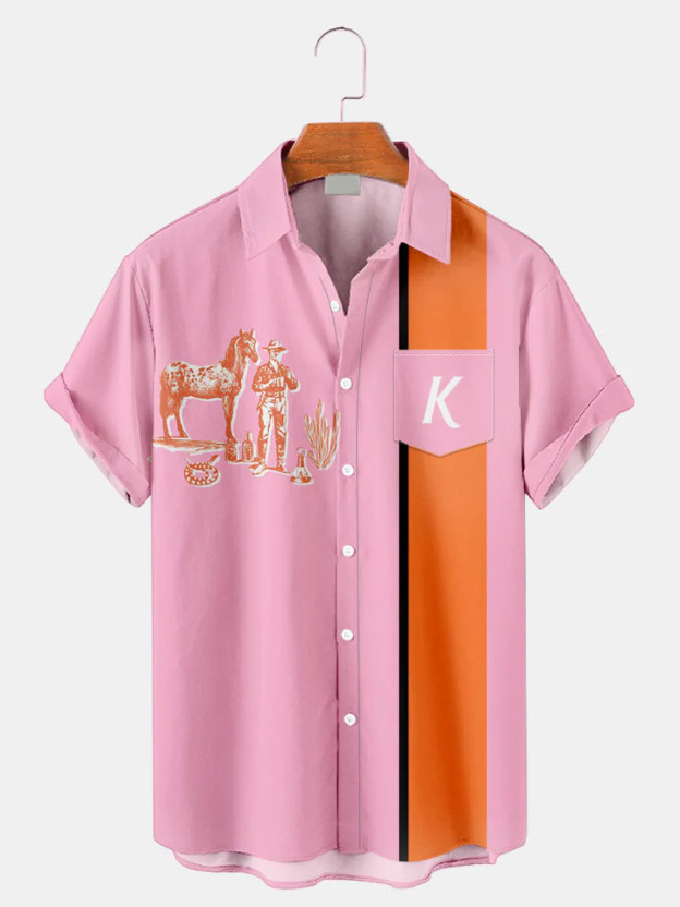 Men's Western Cowboy Style Graphic Short Sleeve Shirt