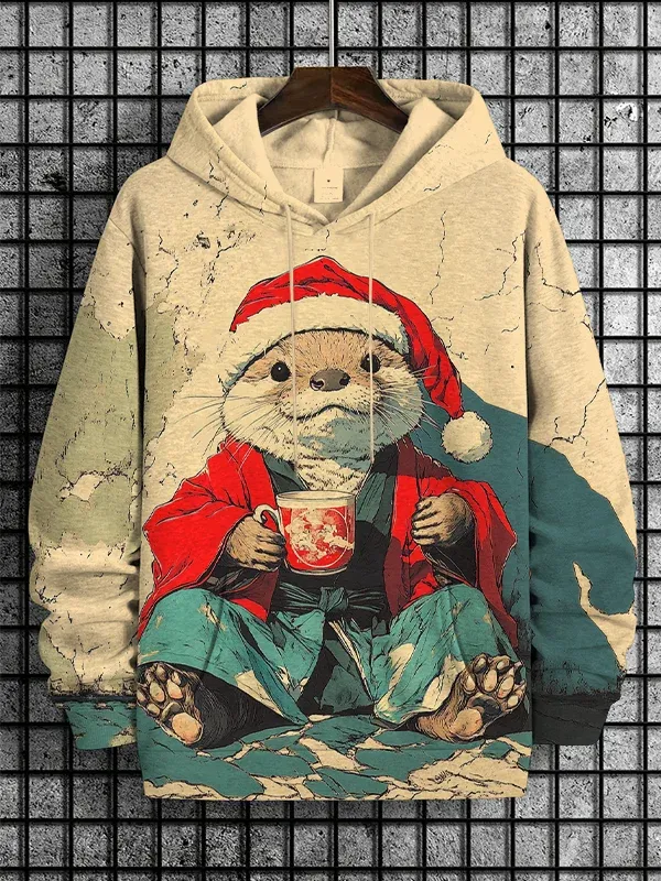 Men's Christmas Otter Drinks Tea Japanese Art Print Casual Hoodie