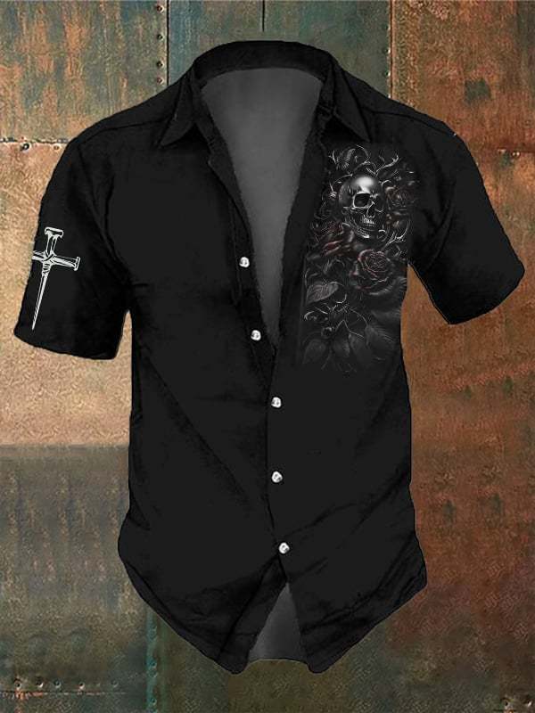 Men's Retro Dark Skull Casual Short Sleeve Shirt
