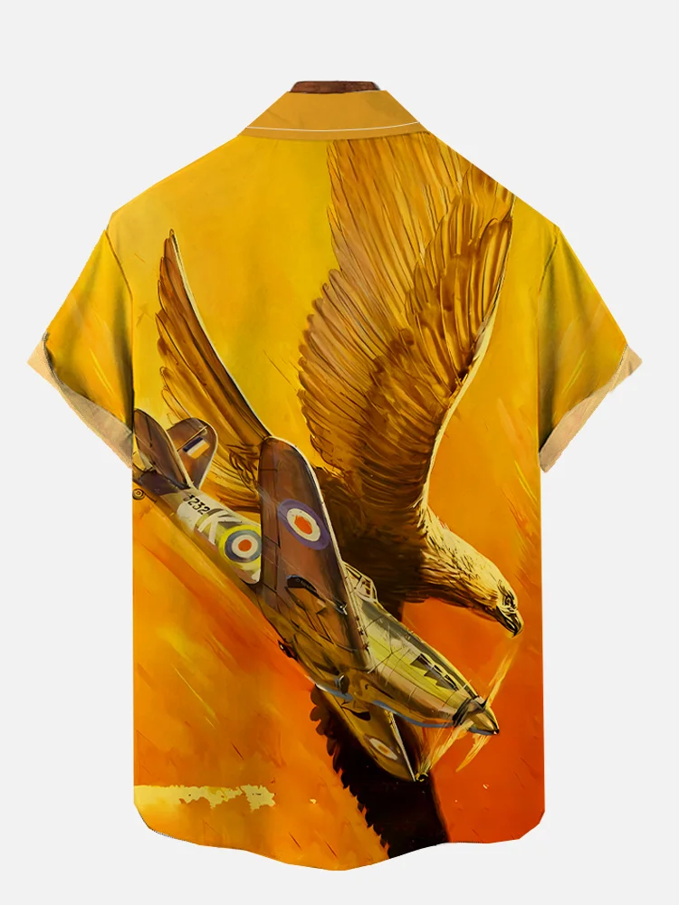 Gradient Orange Sky Dive Fighter and Eagle Print Short Sleeve Shirt
