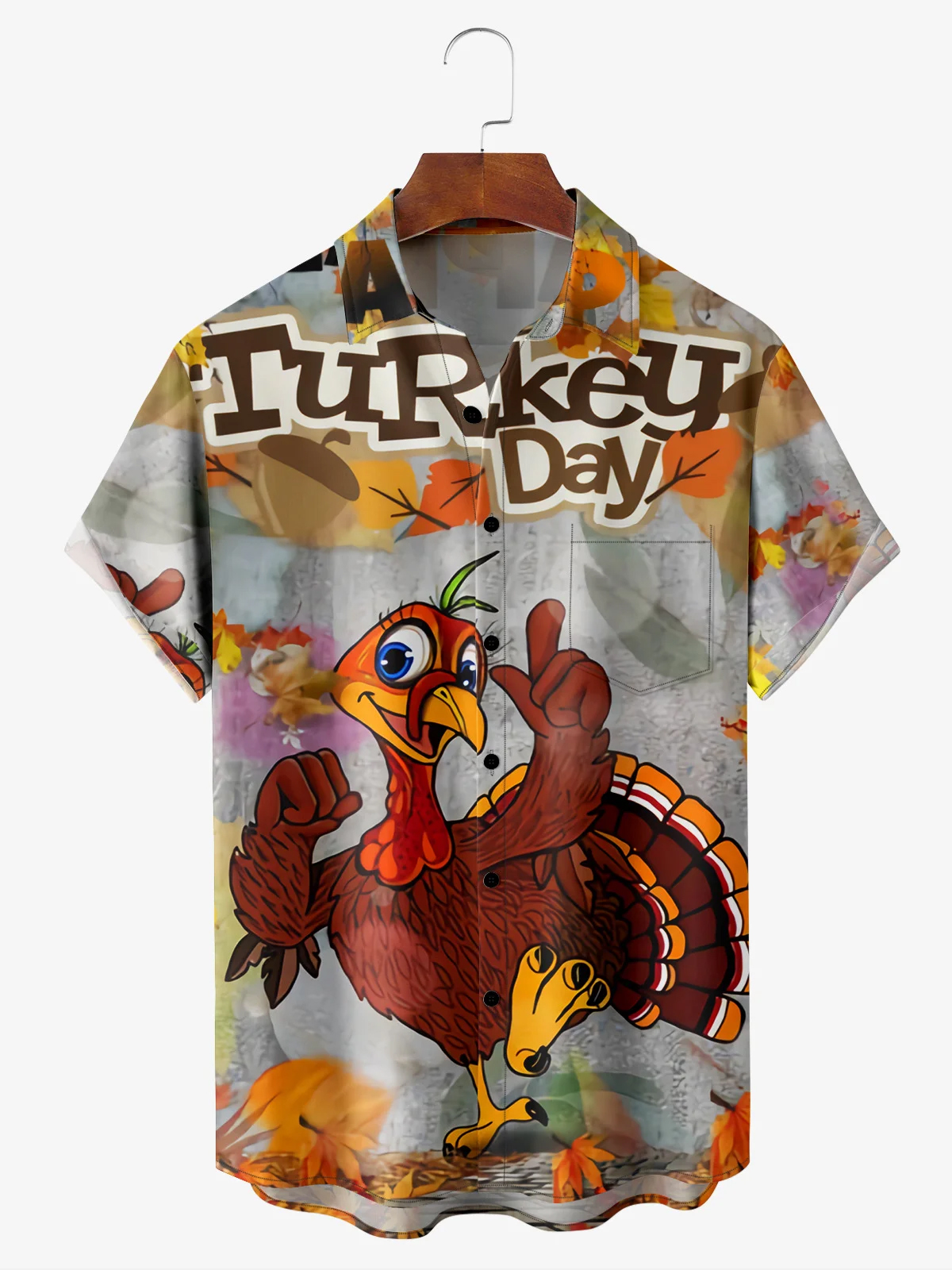 Men's Turkey Thanks Giving Day Print Lapel Short Sleeve Shirt