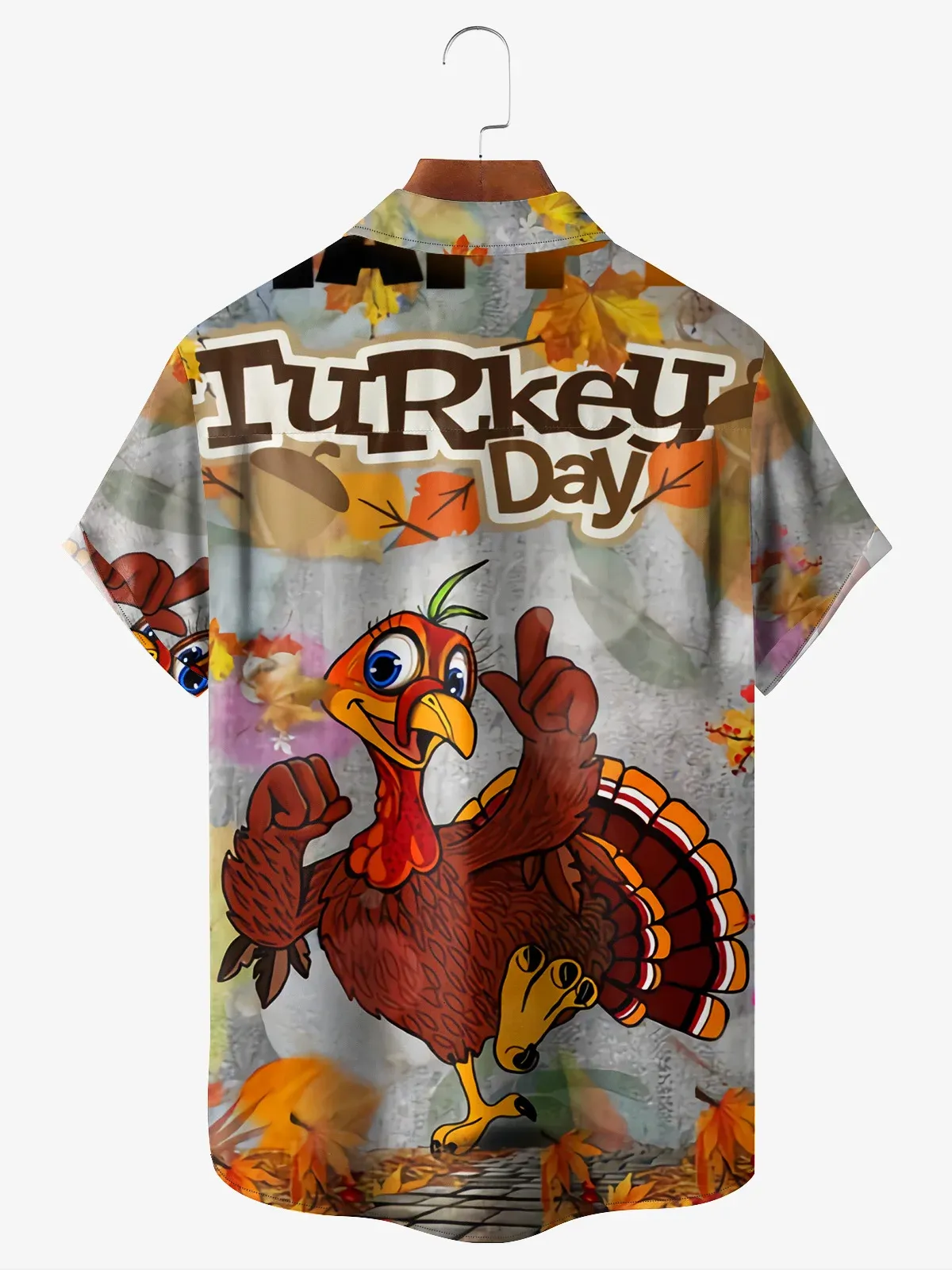 Men's Turkey Thanks Giving Day Print Lapel Short Sleeve Shirt