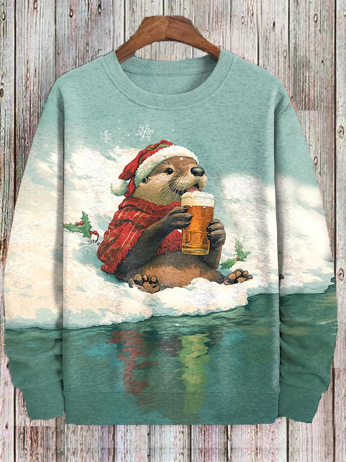 Men's Otter Drinking Beer Christmas Snowflake Print Casual Sweatshirt