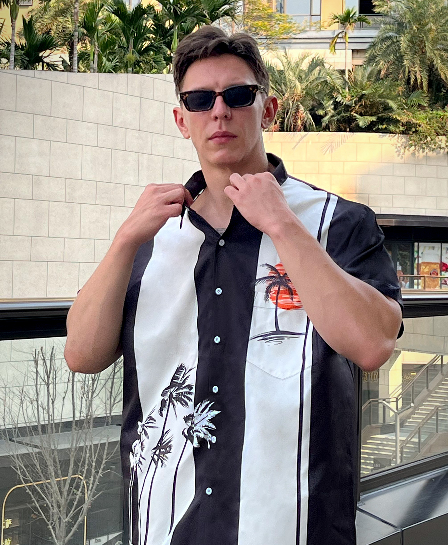 Men's Hawaiian Beach Button Down Shirt, Palm Tree Print, Black and White with Orange Sunset, Short Sleeve