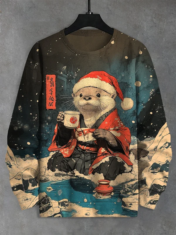 Men's Christmas Eve Otter Drinking Tea Japanese Art Print Casual Sweatshirt