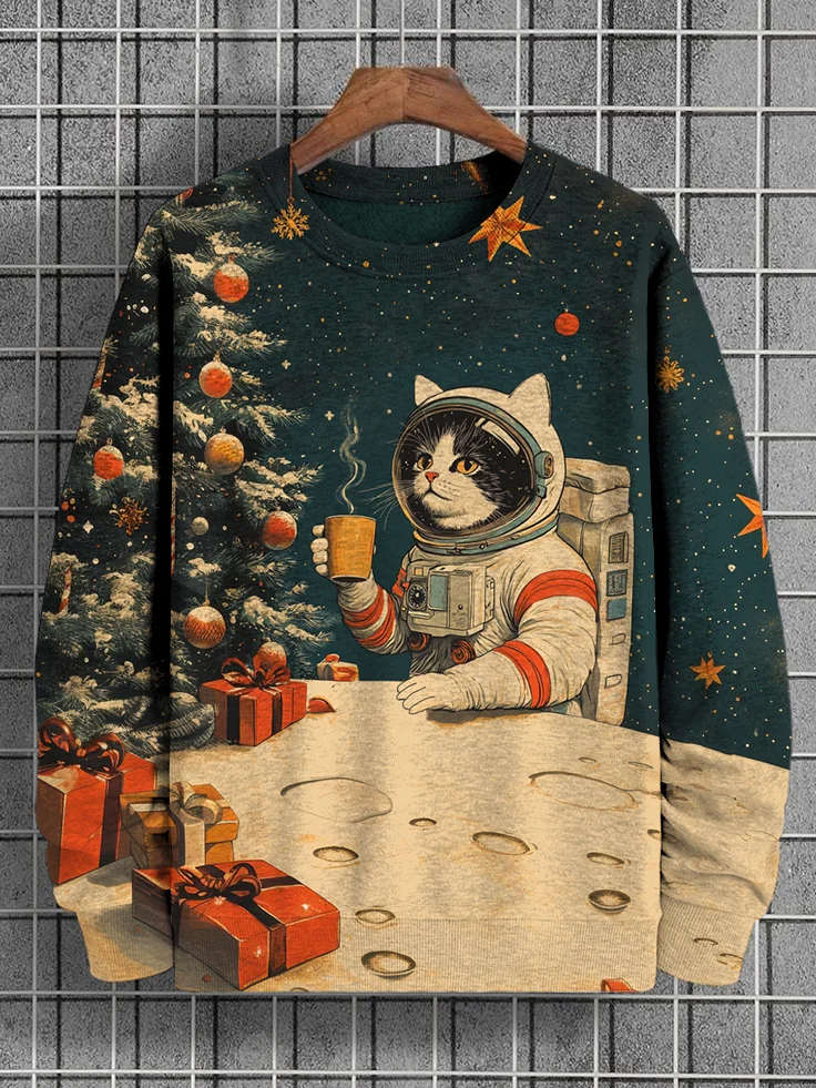 Men's Christmas Cat Astronaut Art Print Casual Sweatshirt