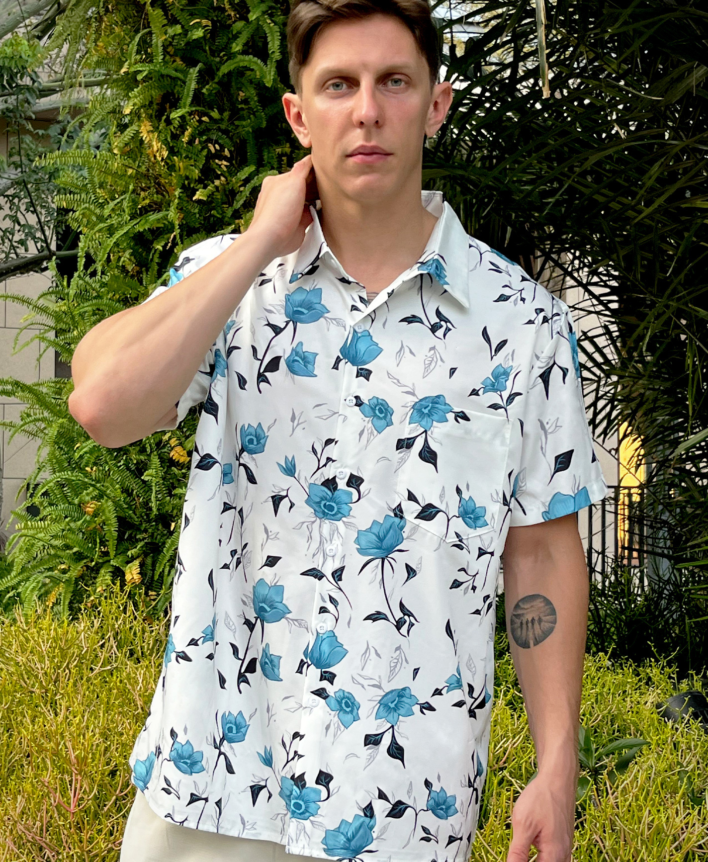 Men's Floral Hawaiian Shirt, Short Sleeve Button Down, White with Teal Roses Print