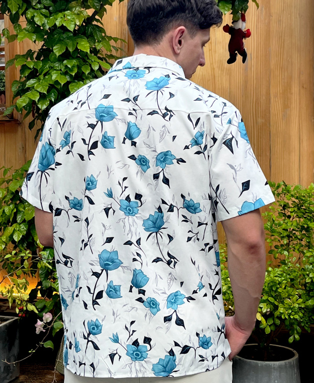 Men's Floral Hawaiian Shirt, Short Sleeve Button Down, White with Teal Roses Print