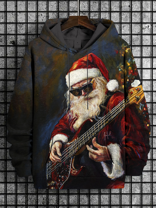 Men's Retro Rock Santa Claus Plays Bass Guitar Print Casual Hoodie