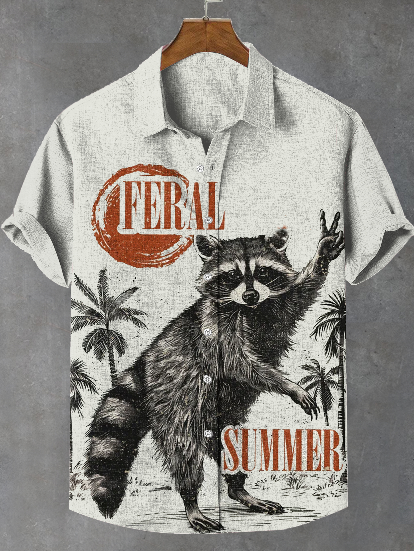 Men's Feral Summer Lazy Fun Vacation Raccoon Print Linen Blend Shirt