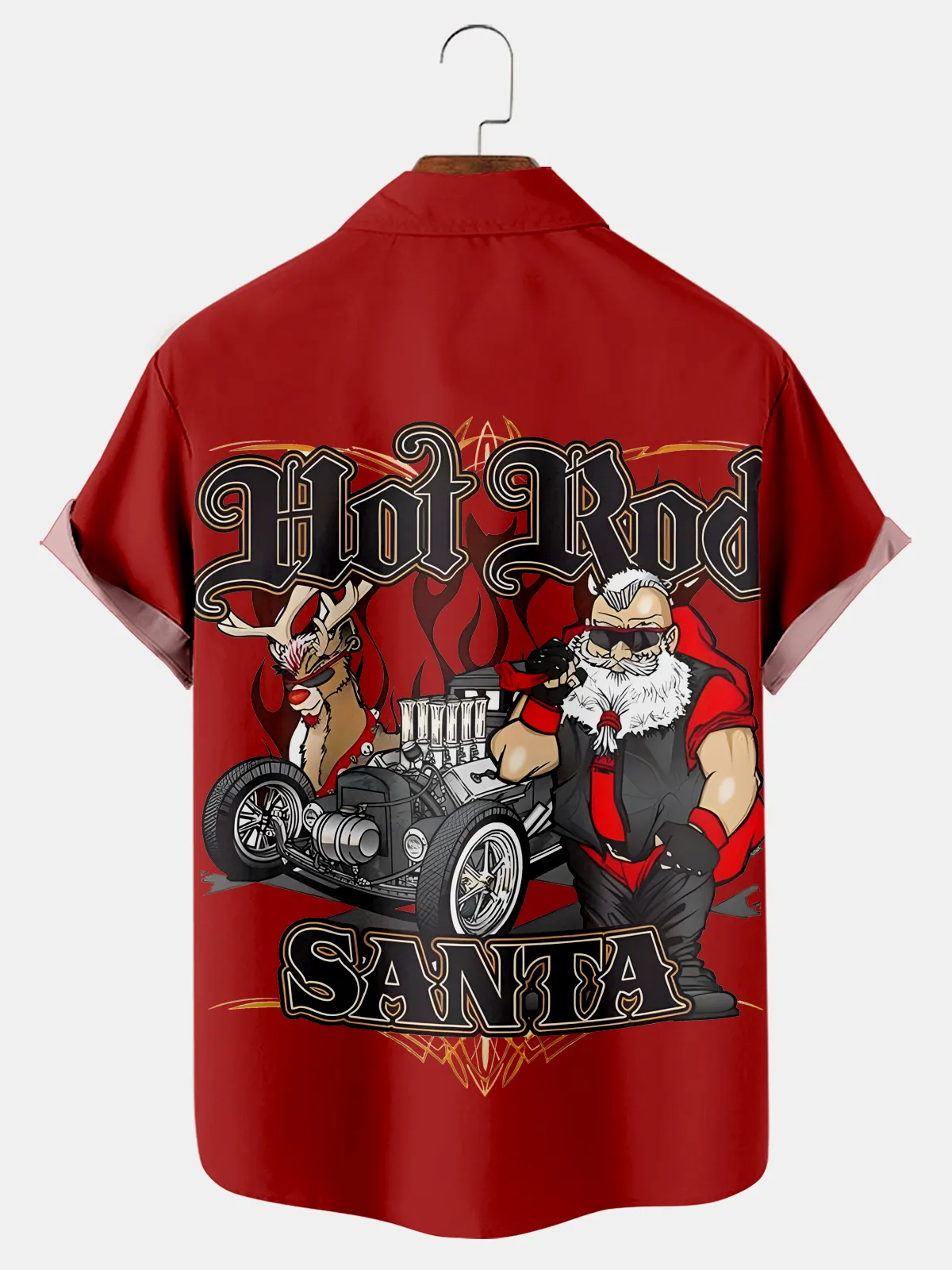 Men's Christmas Fun HOT ROD SANTA Car Printed Short Sleeve Shirt 0378