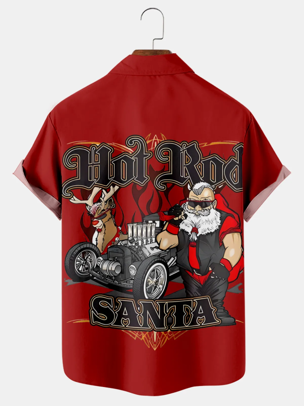 Men's Christmas Fun HOT ROD SANTA Car Printed Short Sleeve Shirt 0378