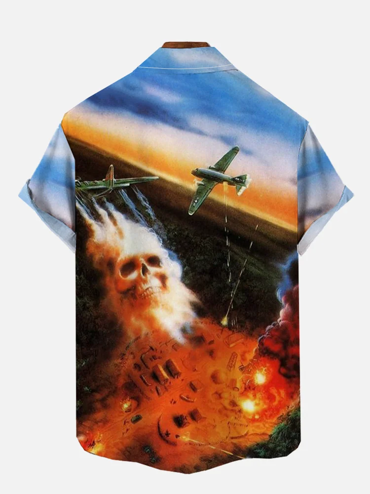  Men's Retro Poster Fighter and Death Skull Print Short Sleeve Shirt
