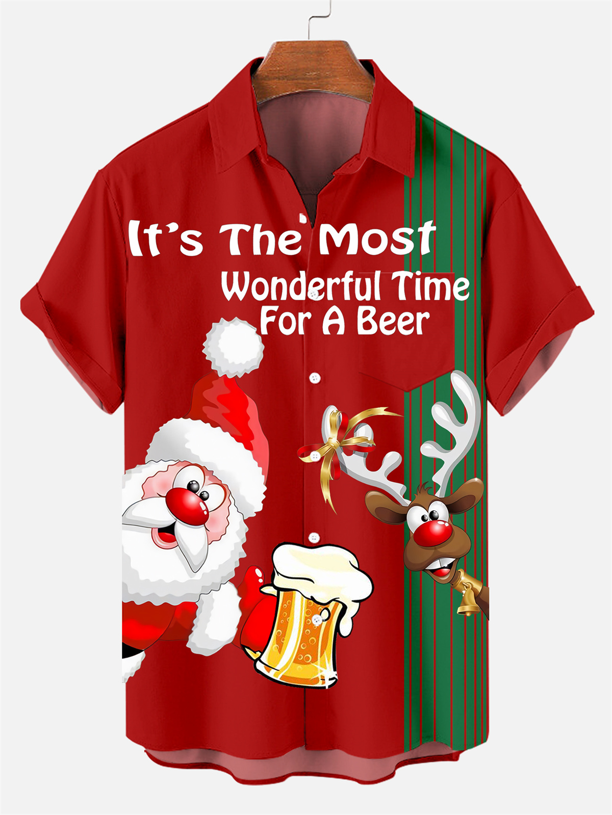 Men's Drink With Father Christmas Printed Short Sleeve Shirt  0327