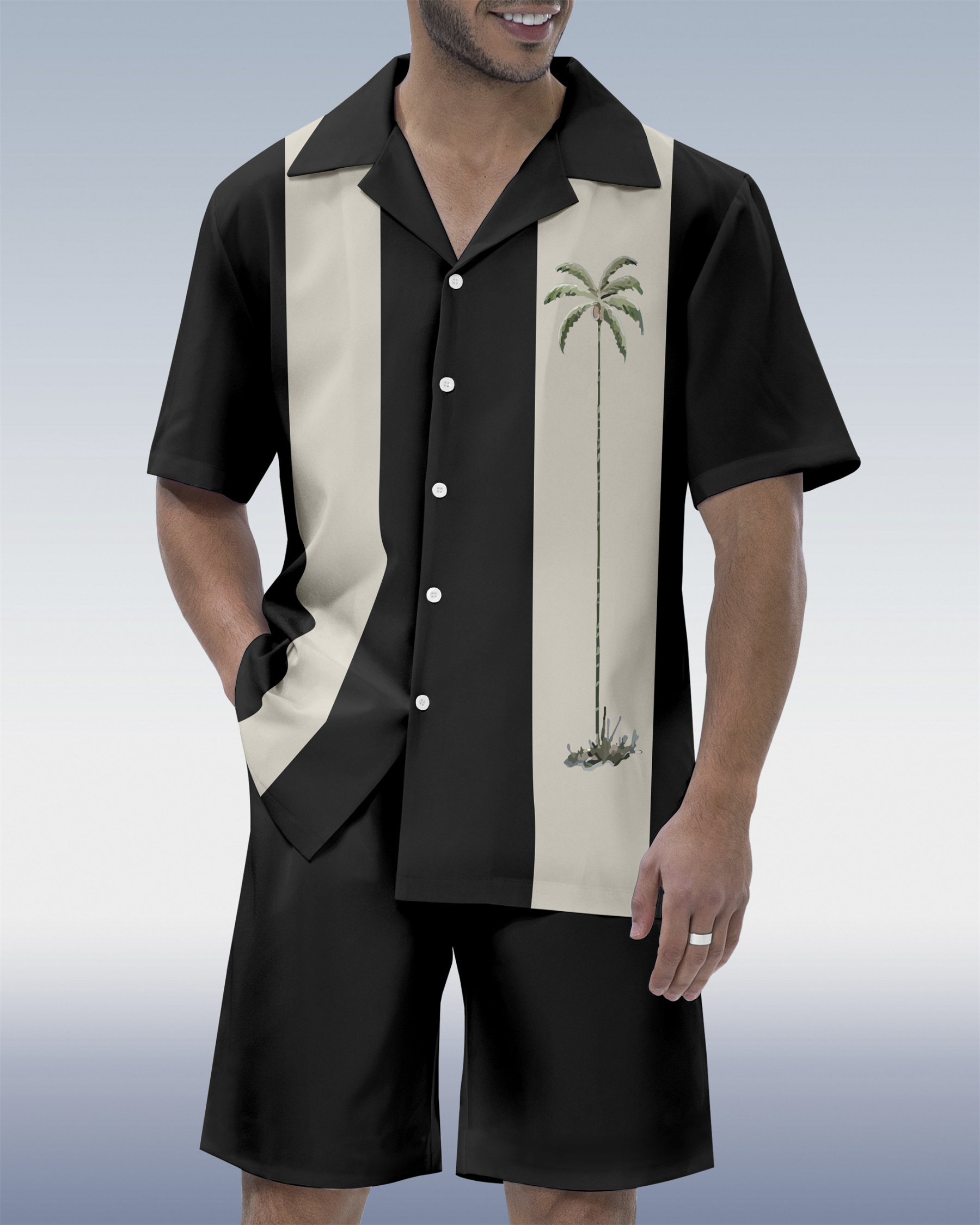 Men's Hawaiian Tiki Party Print Cuban Collar Short Sleeve Shirt Set