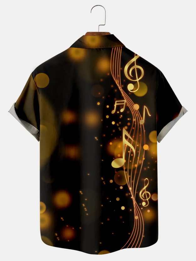 Men's Music Note Retro Bowling Casual Lapel Short Sleeve Shirt
