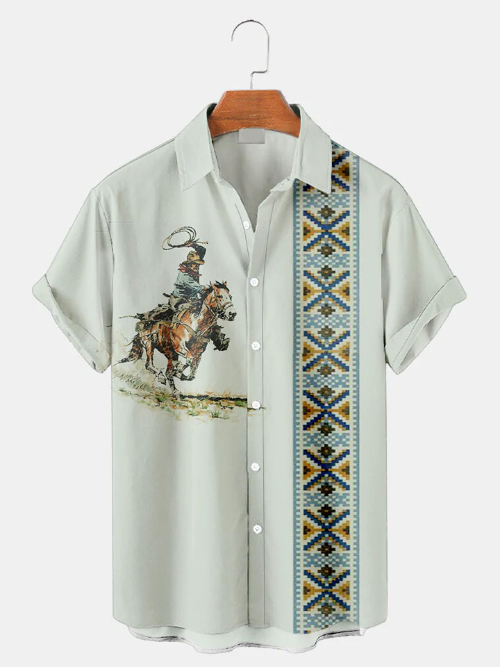 Men's Western Cowboy Style Graphic Short Sleeve Shirt