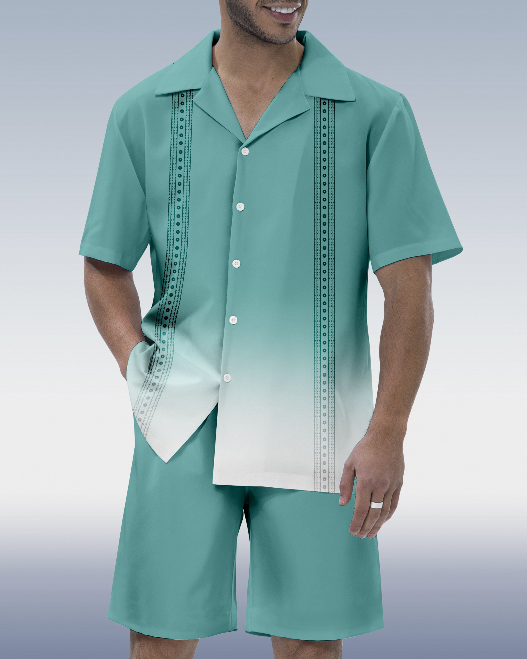 Men's Gradient Race Stripe Print Hawaiian Cuban Collar Short Sleeve Shirt Set