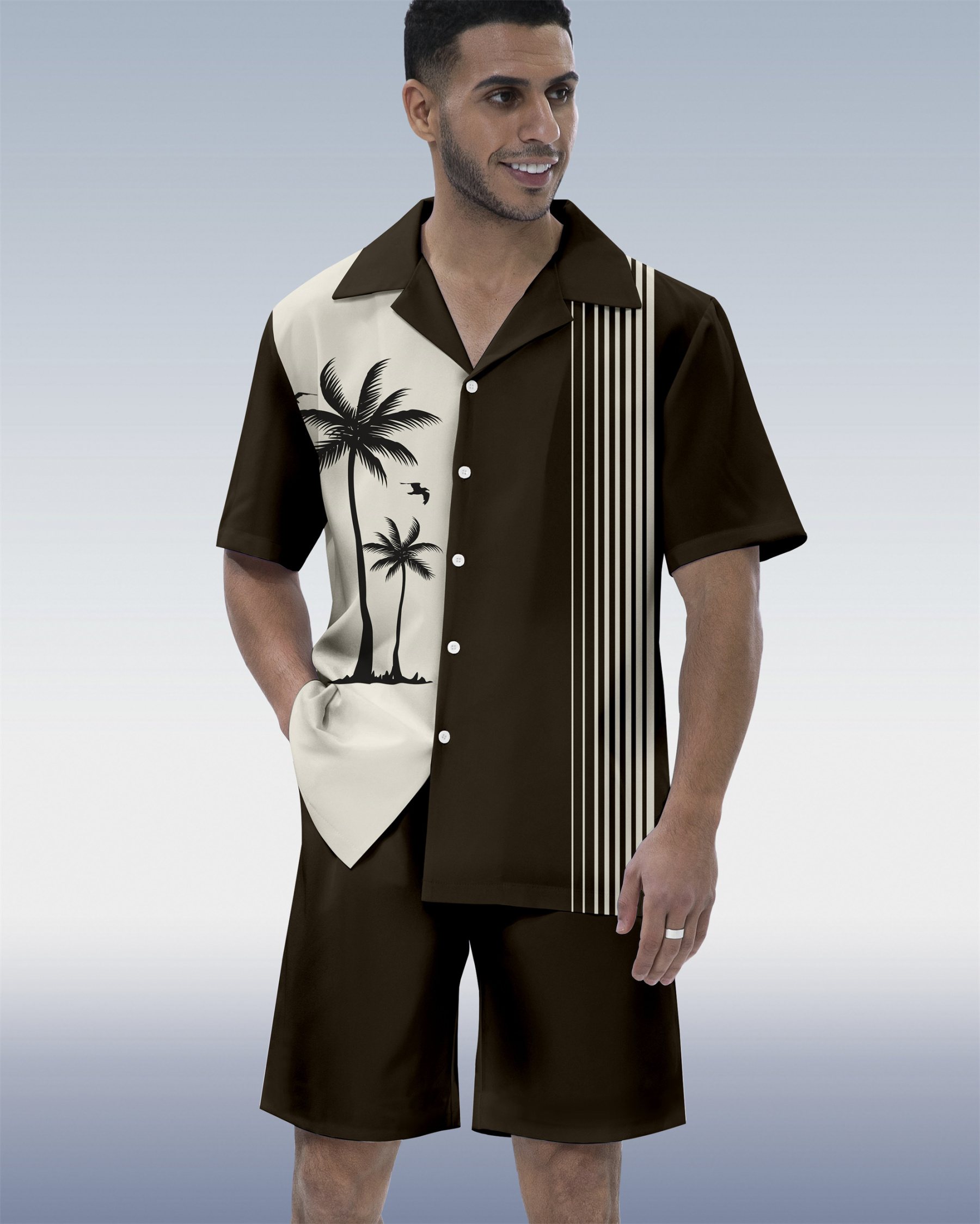 Men's Hawaiian Tiki Party Print Cuban Collar Short Sleeve Shirt Set 03