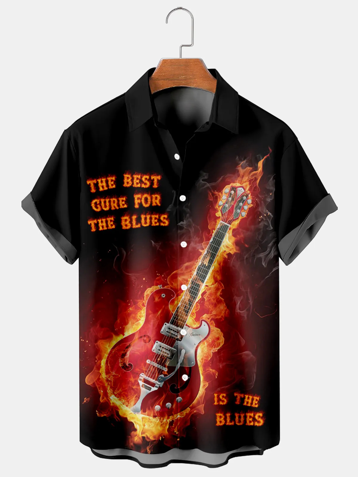 Men's Music Rock Flame Casual Lapel Short Sleeve Shirt