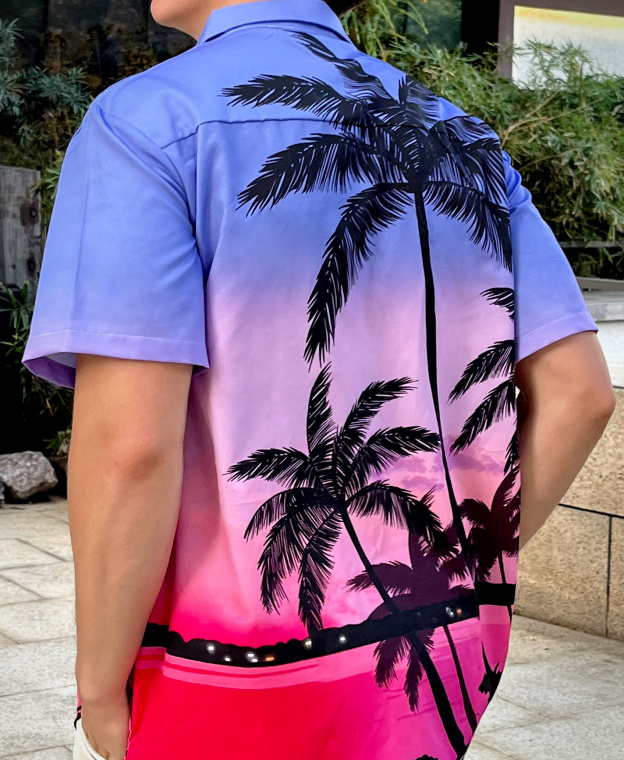 Men's Hawaiian Shirt, Palm Tree Print, Purple Sunset Gradient, Short Sleeve Button Down