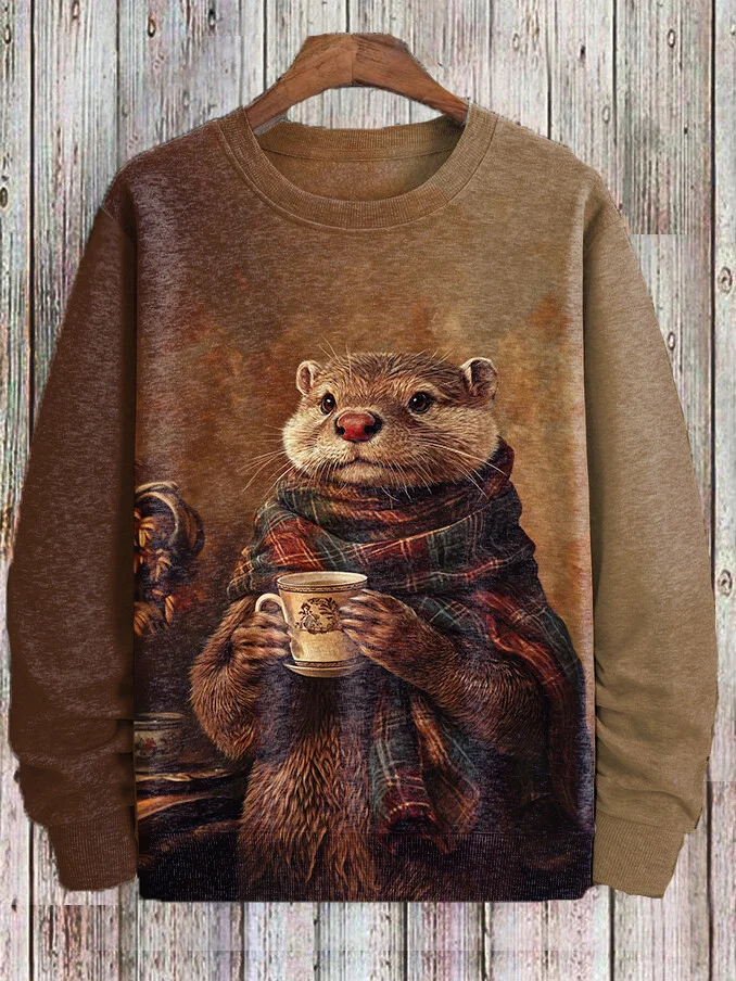 Men's Winter Scarf Otter Drinking Coffee Print Casual Sweatshirt