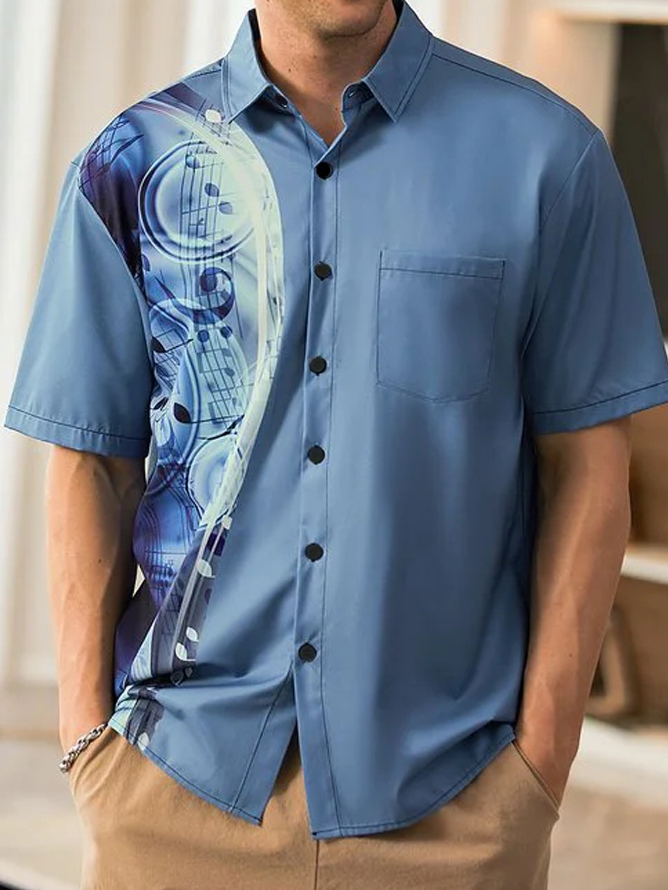 Men's Note Color Block Art Casual Lapel Short Sleeve Shirt