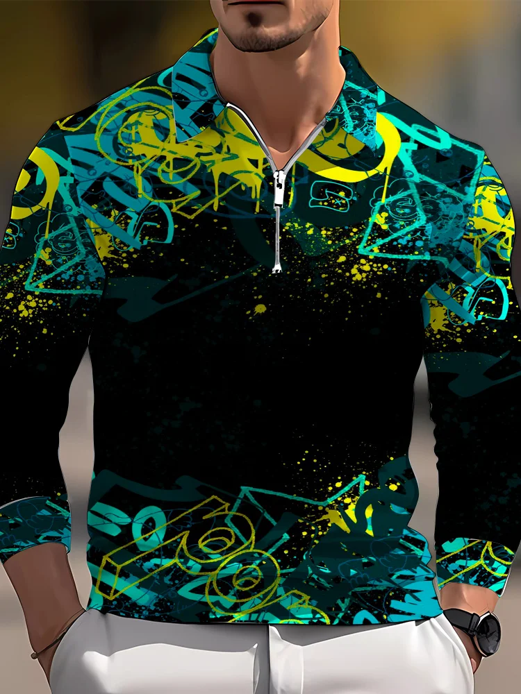 Men's casual art graphic zip long sleeve polo shirt