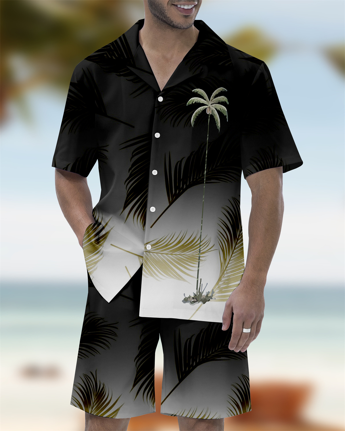 Men's Casual Vacation Hawaiian Cuban Collar Short Sleeve Shirt Set