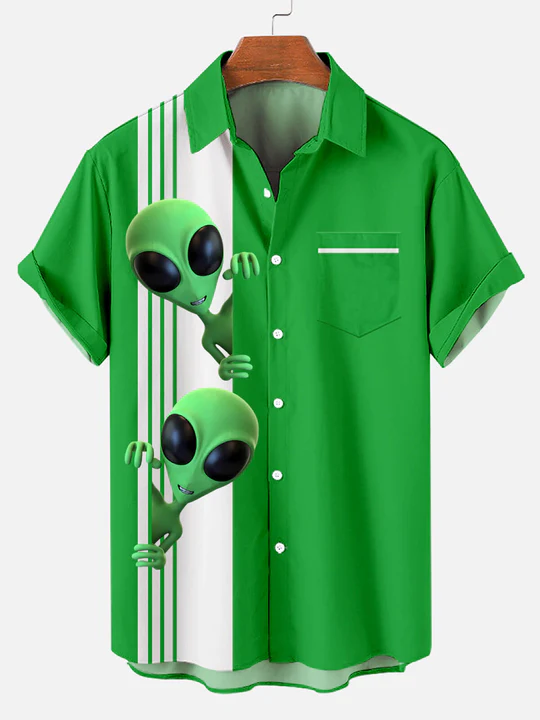 Christmas greetings from Santa Claus delivering gifts on a motorcycle Christmas Chest Pocket Short Sleeve Bowling Shirt