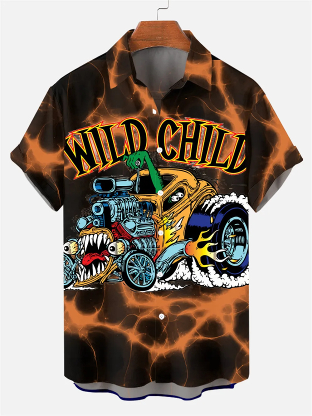 Men's Nostalgic Anime Character Retro Car Short Sleeve Shirt