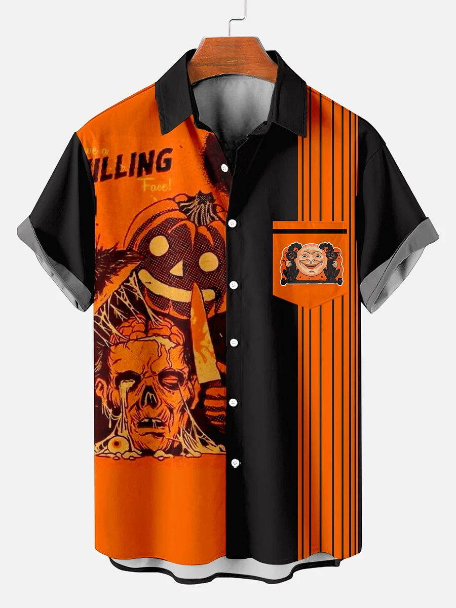 Retro Striped Halloween Black Cat Contrast Color Short Sleeve Printed Shirt