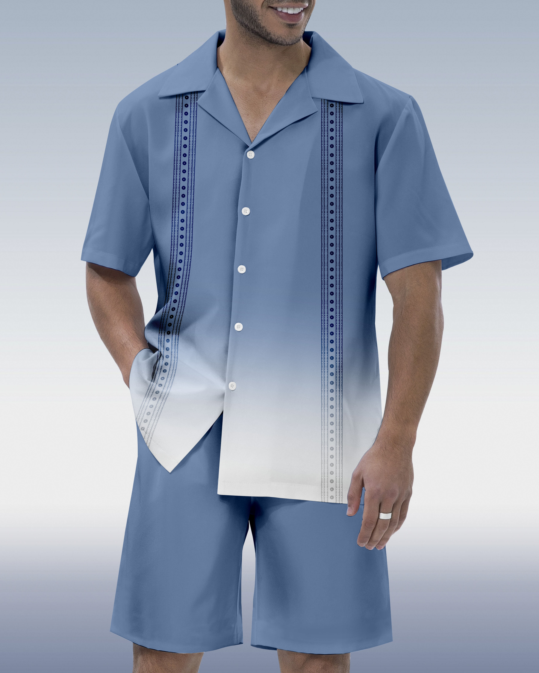 Men's Gradient Race Stripe Print Hawaiian Cuban Collar Short Sleeve Shirt Set