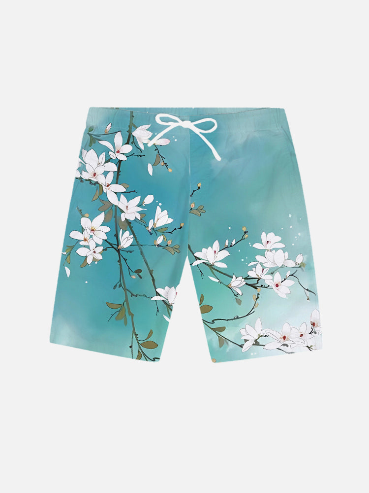 Mysterious Oriental Cyan Blooming Flowers And Branches Printing Shorts