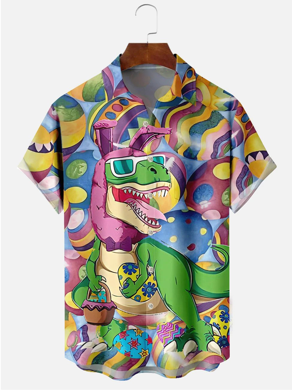 Men's Fun Easter Egg Dinosaur Print Lapel Pocket Short Sleeve Shirt