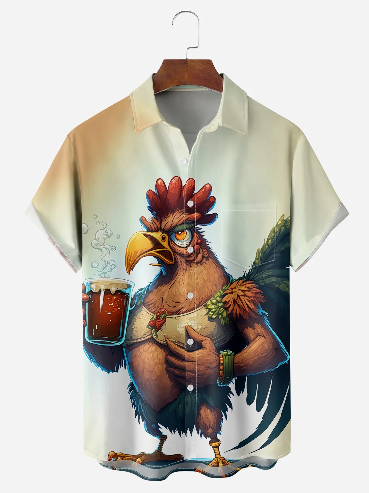 Men's fun casual cartoon rooster short sleeved pocket shirt