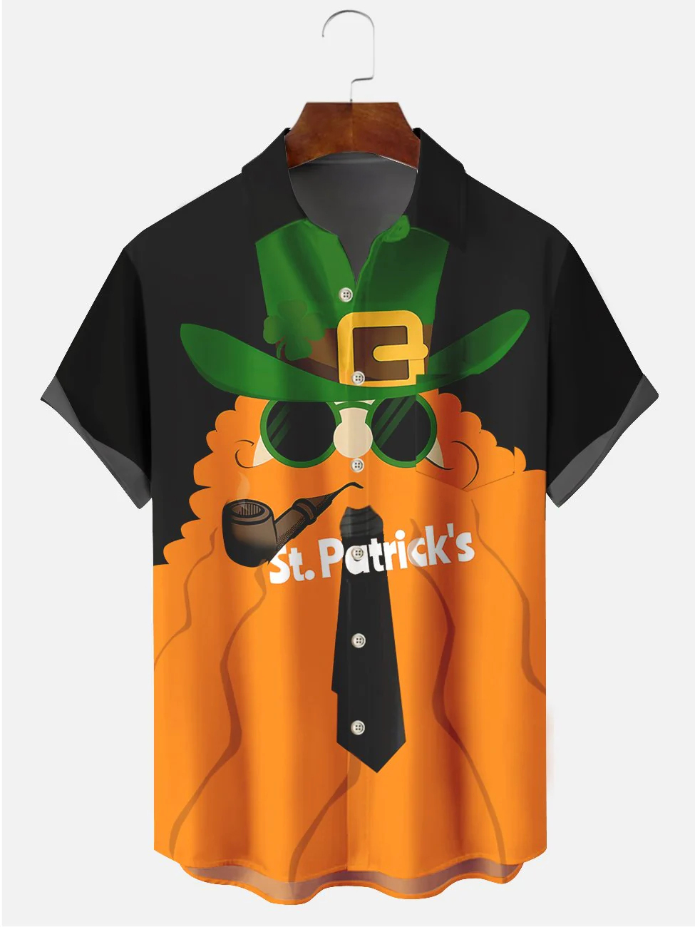 Men's St. Patrick's Day cartoon bearded print casual short sleeved pocket shirt